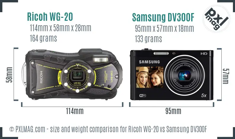 Ricoh WG-20 vs Samsung DV300F size comparison
