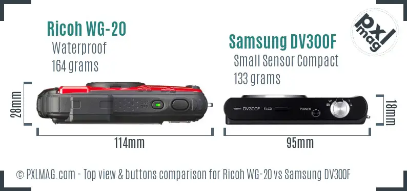 Ricoh WG-20 vs Samsung DV300F top view buttons comparison