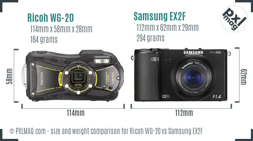 Ricoh WG-20 vs Samsung EX2F size comparison