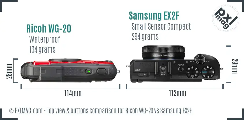 Ricoh WG-20 vs Samsung EX2F top view buttons comparison