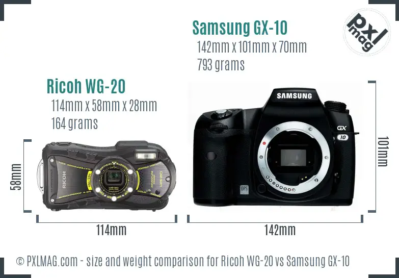 Ricoh WG-20 vs Samsung GX-10 size comparison