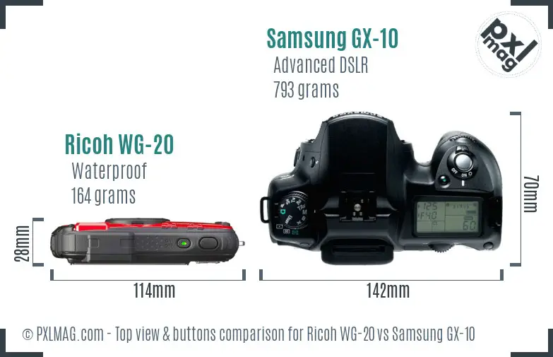Ricoh WG-20 vs Samsung GX-10 top view buttons comparison