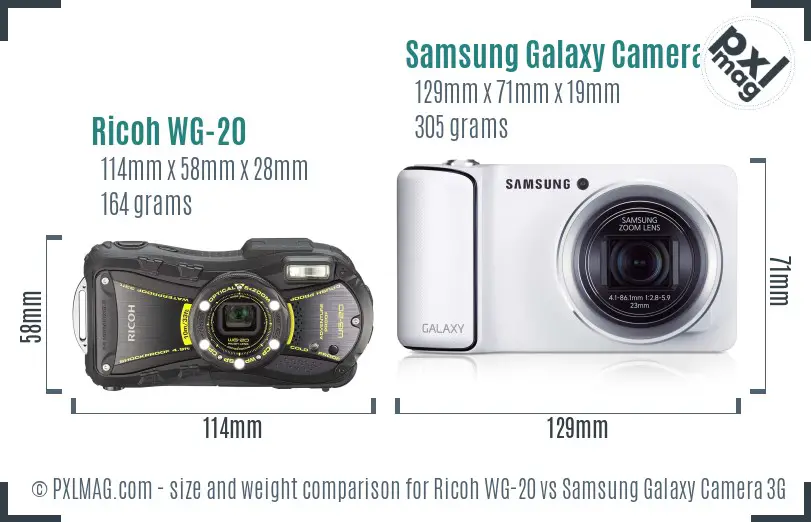 Ricoh WG-20 vs Samsung Galaxy Camera 3G size comparison