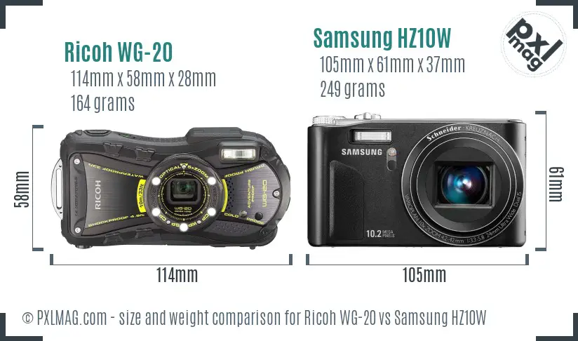 Ricoh WG-20 vs Samsung HZ10W size comparison