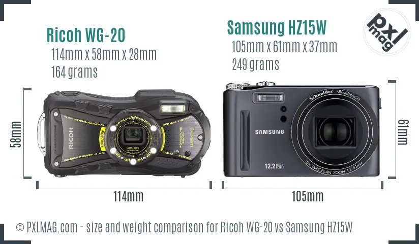 Ricoh WG-20 vs Samsung HZ15W size comparison