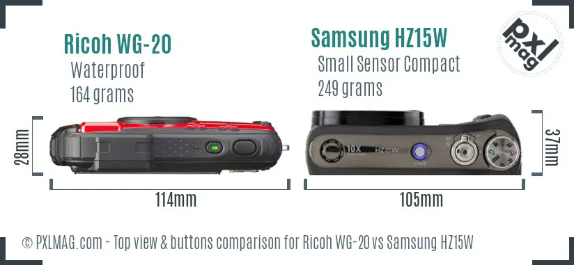 Ricoh WG-20 vs Samsung HZ15W top view buttons comparison