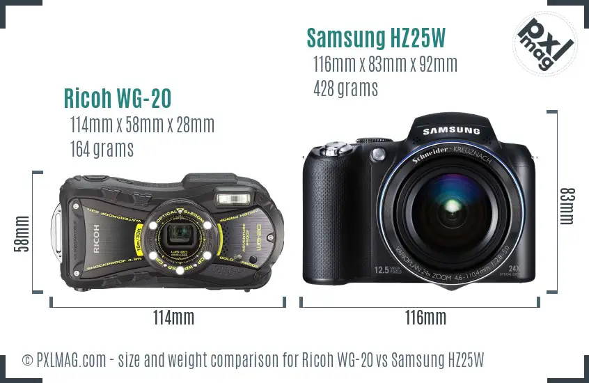 Ricoh WG-20 vs Samsung HZ25W size comparison