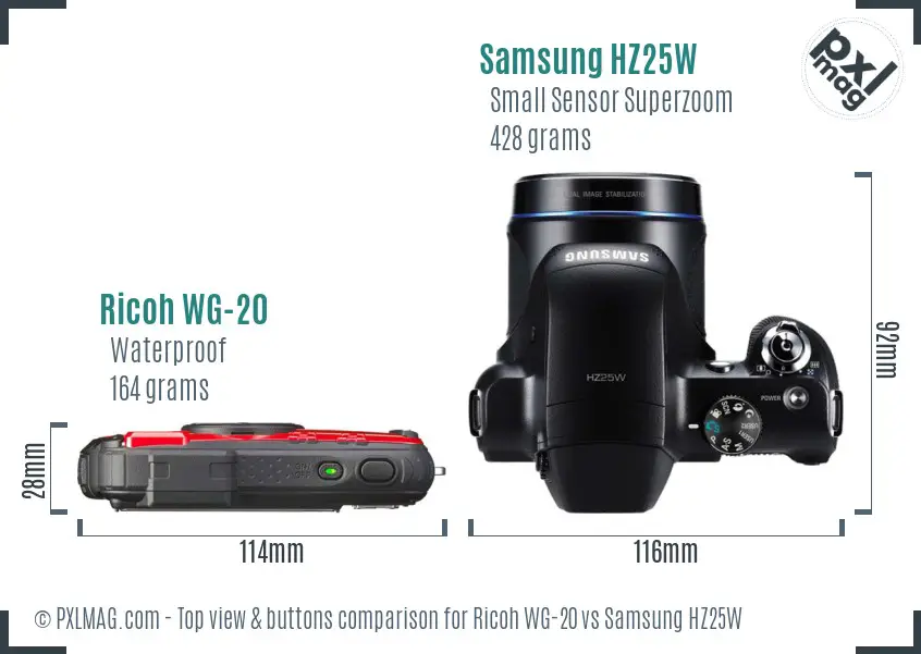 Ricoh WG-20 vs Samsung HZ25W top view buttons comparison