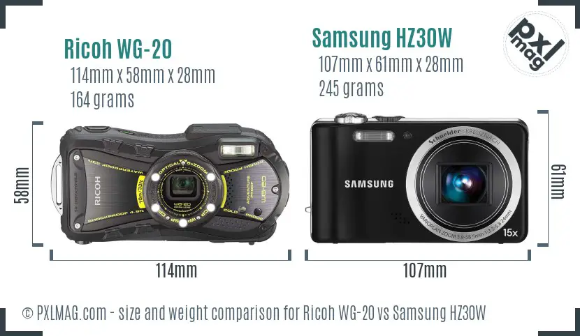 Ricoh WG-20 vs Samsung HZ30W size comparison