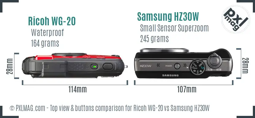 Ricoh WG-20 vs Samsung HZ30W top view buttons comparison