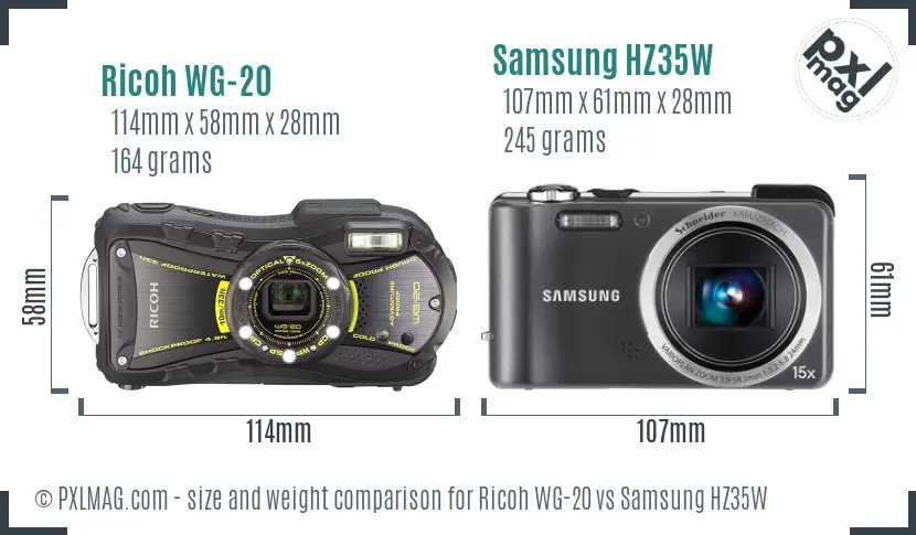 Ricoh WG-20 vs Samsung HZ35W size comparison