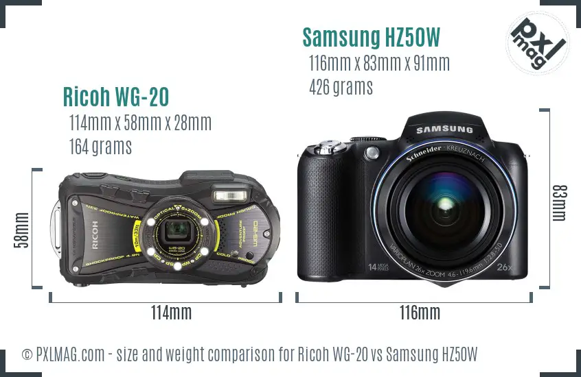 Ricoh WG-20 vs Samsung HZ50W size comparison