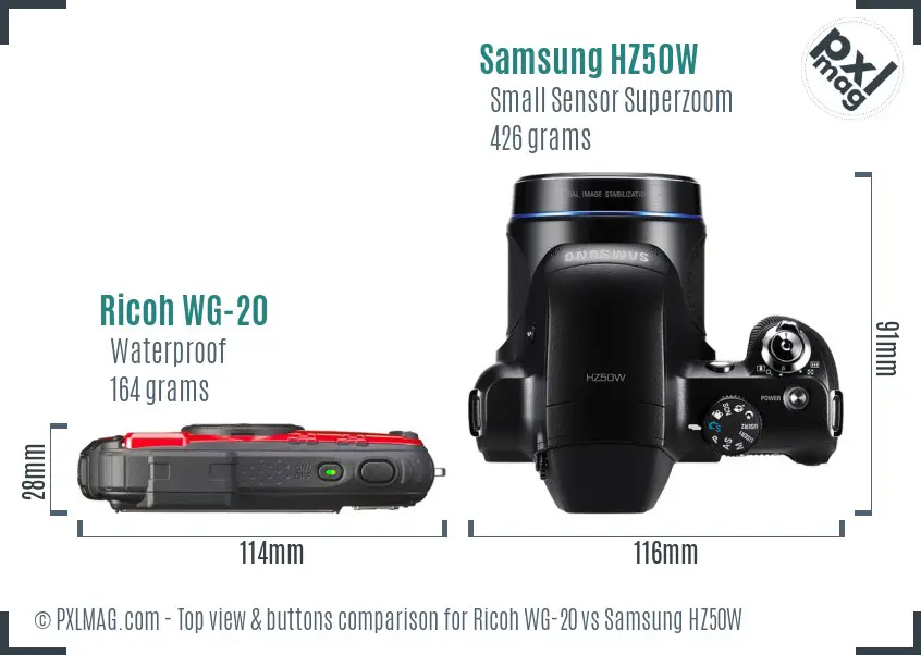 Ricoh WG-20 vs Samsung HZ50W top view buttons comparison