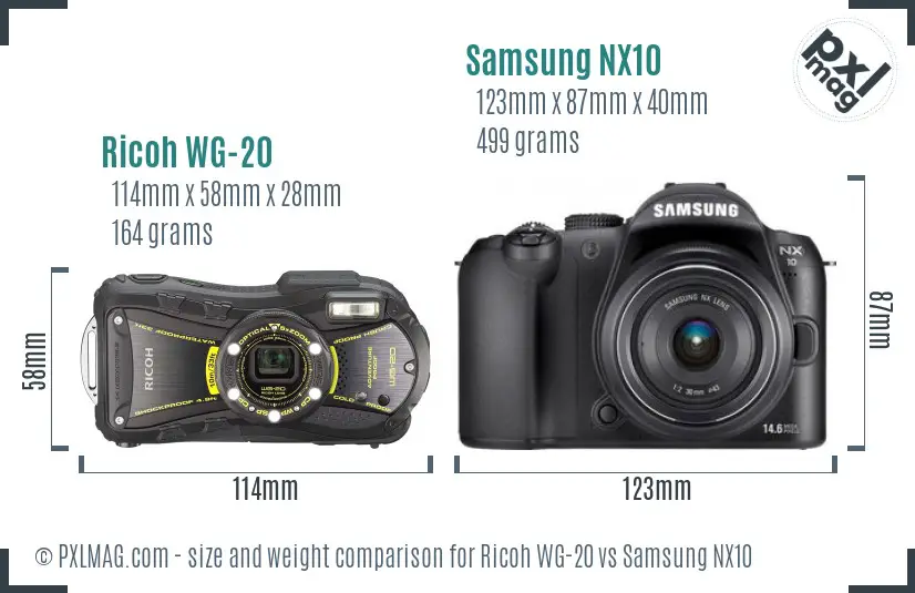 Ricoh WG-20 vs Samsung NX10 size comparison
