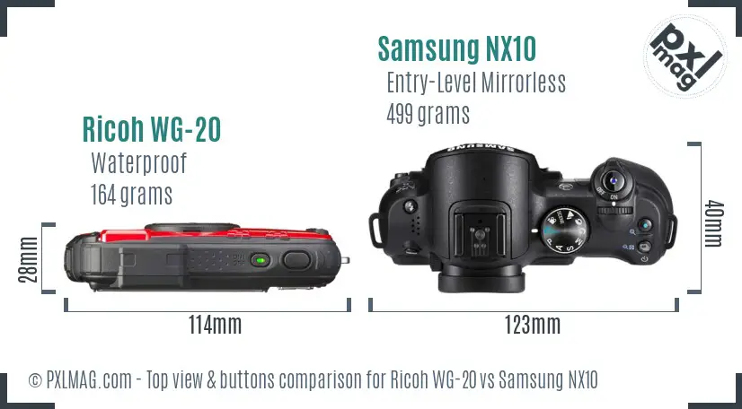 Ricoh WG-20 vs Samsung NX10 top view buttons comparison