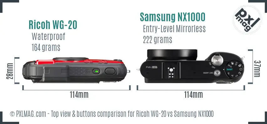 Ricoh WG-20 vs Samsung NX1000 top view buttons comparison