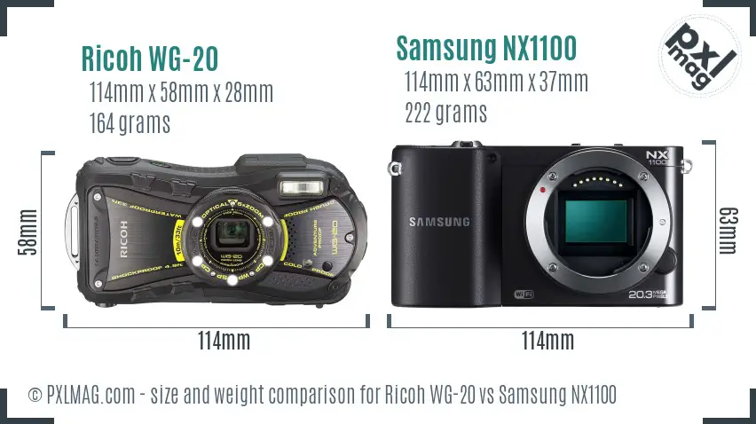 Ricoh WG-20 vs Samsung NX1100 size comparison