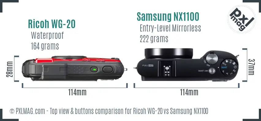 Ricoh WG-20 vs Samsung NX1100 top view buttons comparison