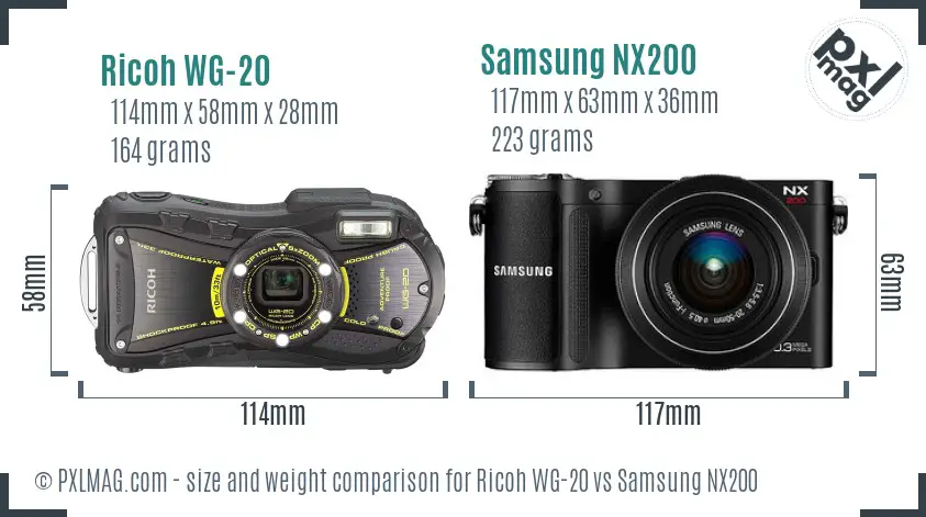 Ricoh WG-20 vs Samsung NX200 size comparison