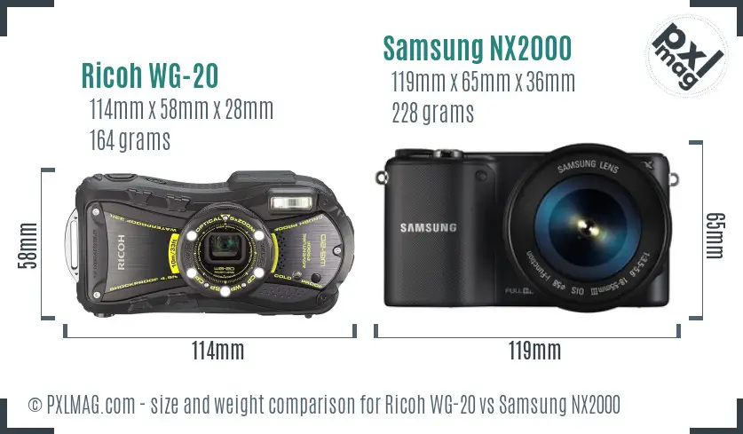 Ricoh WG-20 vs Samsung NX2000 size comparison