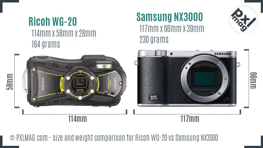 Ricoh WG-20 vs Samsung NX3000 size comparison