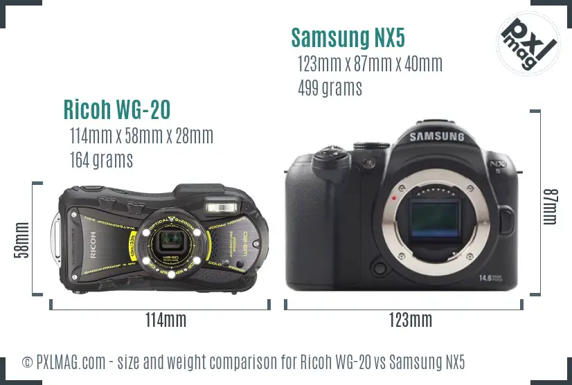 Ricoh WG-20 vs Samsung NX5 size comparison