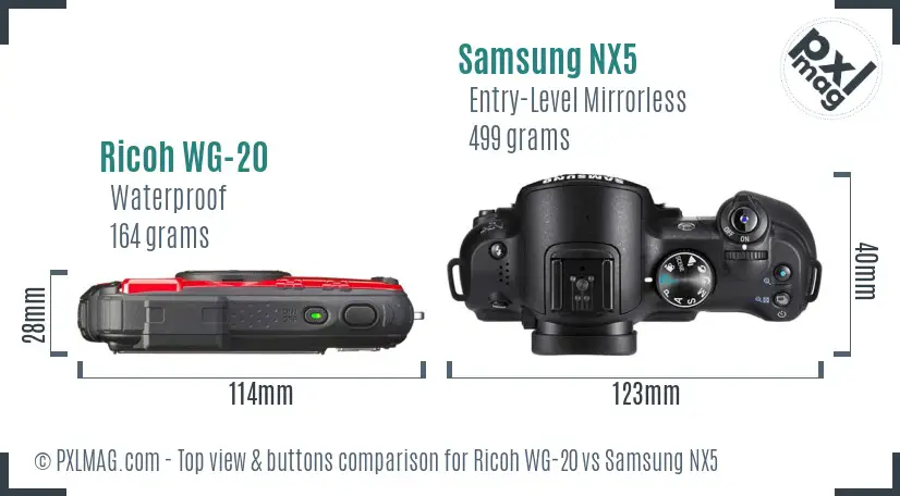 Ricoh WG-20 vs Samsung NX5 top view buttons comparison