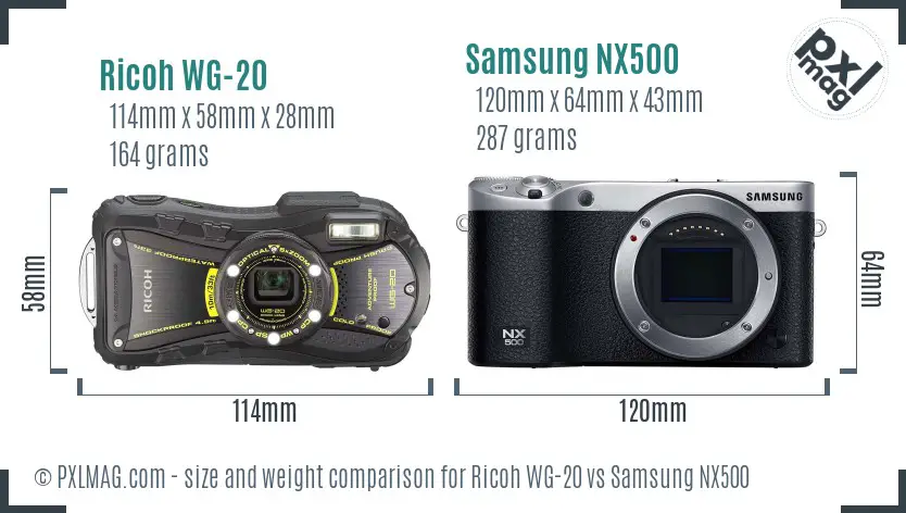 Ricoh WG-20 vs Samsung NX500 size comparison