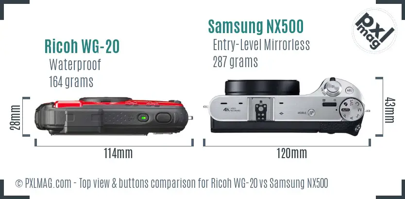 Ricoh WG-20 vs Samsung NX500 top view buttons comparison