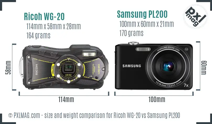 Ricoh WG-20 vs Samsung PL200 size comparison