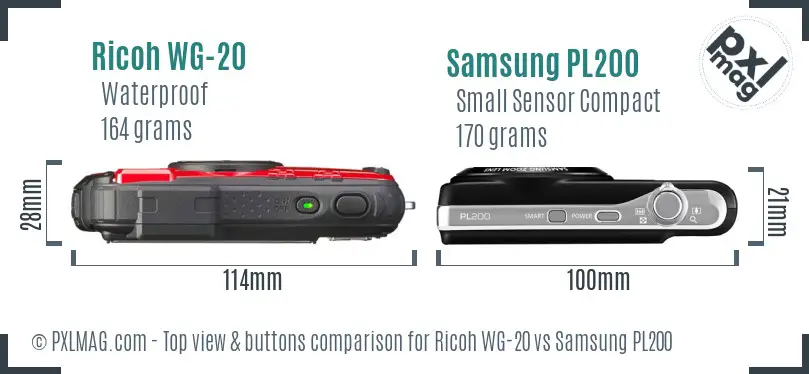 Ricoh WG-20 vs Samsung PL200 top view buttons comparison