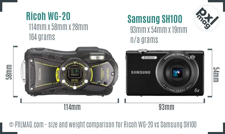 Ricoh WG-20 vs Samsung SH100 size comparison