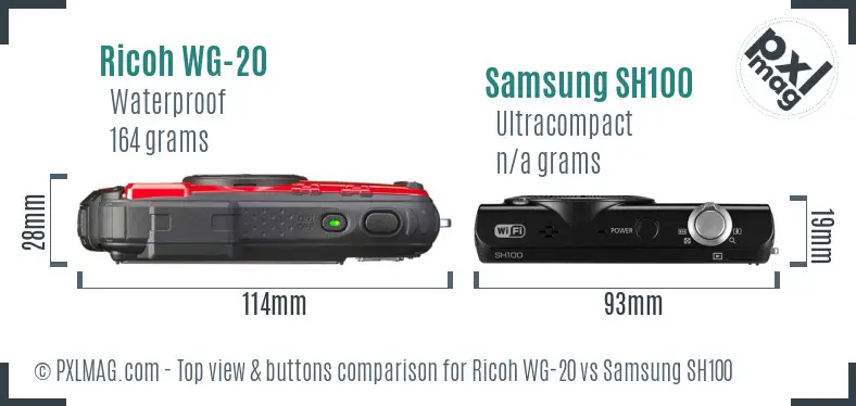 Ricoh WG-20 vs Samsung SH100 top view buttons comparison