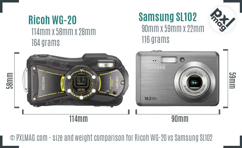 Ricoh WG-20 vs Samsung SL102 size comparison