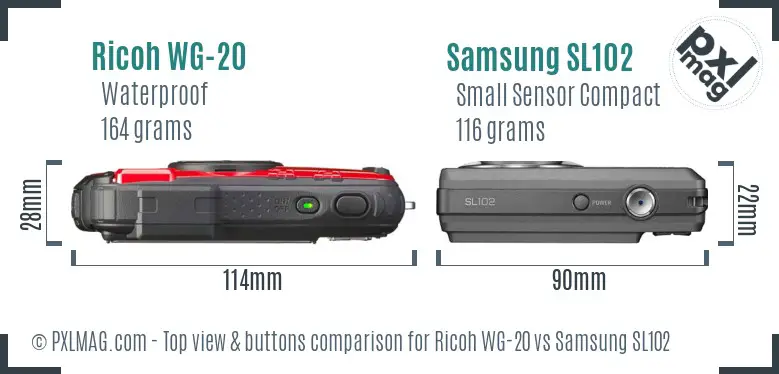 Ricoh WG-20 vs Samsung SL102 top view buttons comparison