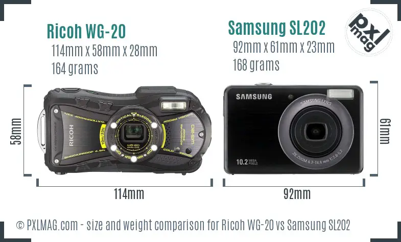 Ricoh WG-20 vs Samsung SL202 size comparison