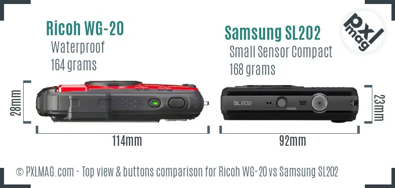 Ricoh WG-20 vs Samsung SL202 top view buttons comparison