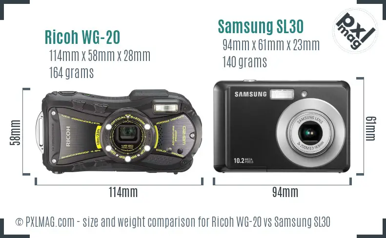 Ricoh WG-20 vs Samsung SL30 size comparison