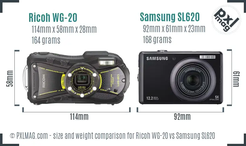 Ricoh WG-20 vs Samsung SL620 size comparison