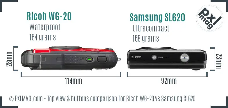 Ricoh WG-20 vs Samsung SL620 top view buttons comparison