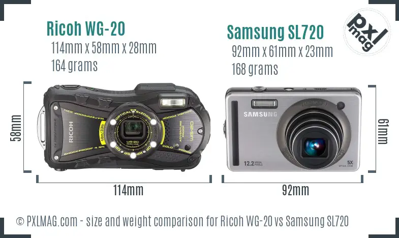 Ricoh WG-20 vs Samsung SL720 size comparison
