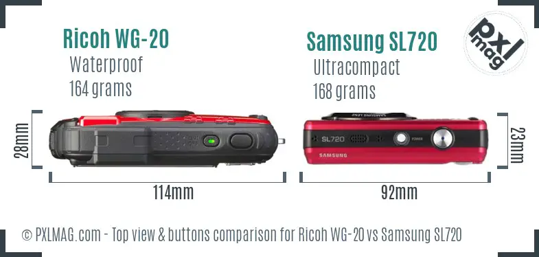 Ricoh WG-20 vs Samsung SL720 top view buttons comparison