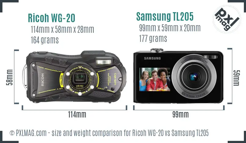 Ricoh WG-20 vs Samsung TL205 size comparison