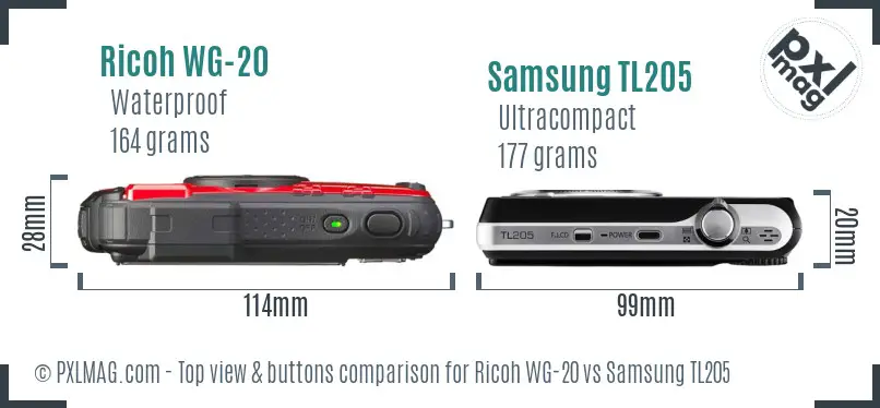 Ricoh WG-20 vs Samsung TL205 top view buttons comparison