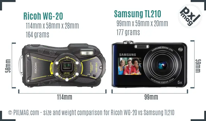 Ricoh WG-20 vs Samsung TL210 size comparison