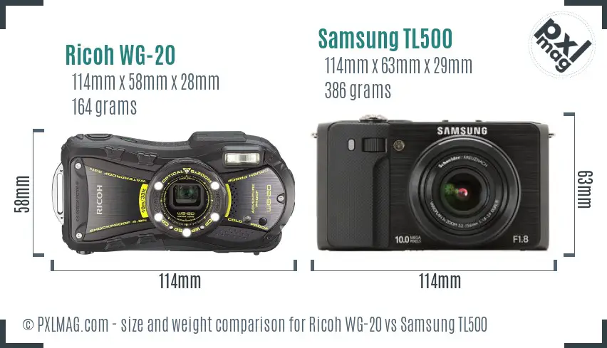 Ricoh WG-20 vs Samsung TL500 size comparison