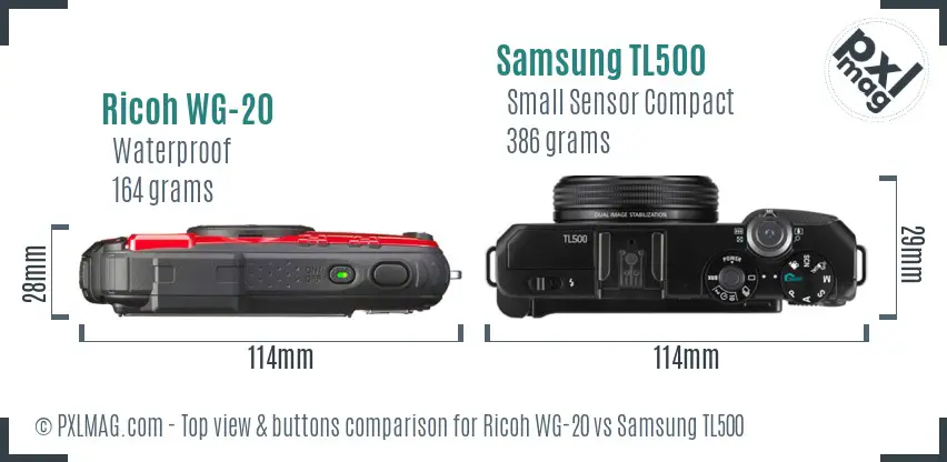 Ricoh WG-20 vs Samsung TL500 top view buttons comparison
