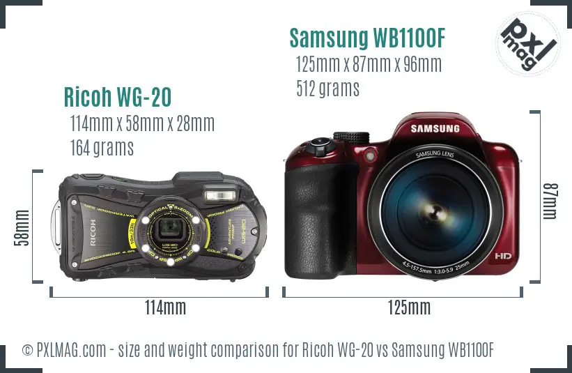 Ricoh WG-20 vs Samsung WB1100F size comparison