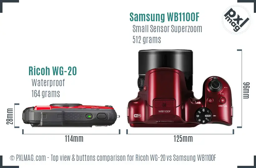 Ricoh WG-20 vs Samsung WB1100F top view buttons comparison