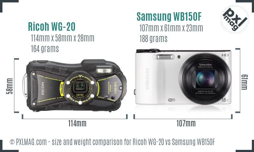 Ricoh WG-20 vs Samsung WB150F size comparison